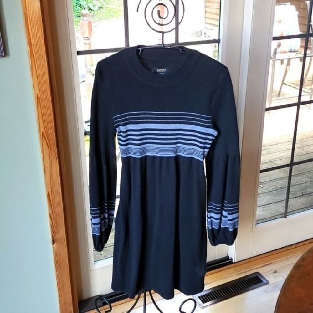 Laundry by Shelli Segal Black Accented Striped Sz. S LS‎ Mock Neck Black Dress